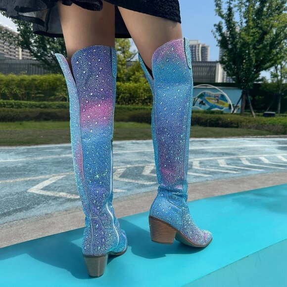Ronilurn Women Blue Pink Rhinestone Pointed Toe Cowgirl Boot Pull On Side Zipper - Picture 7 of 10